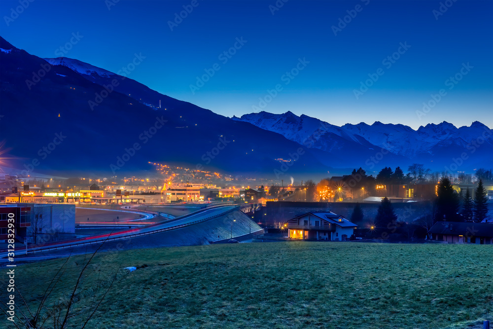 urban landscape at blue hour, lights and colors of the night