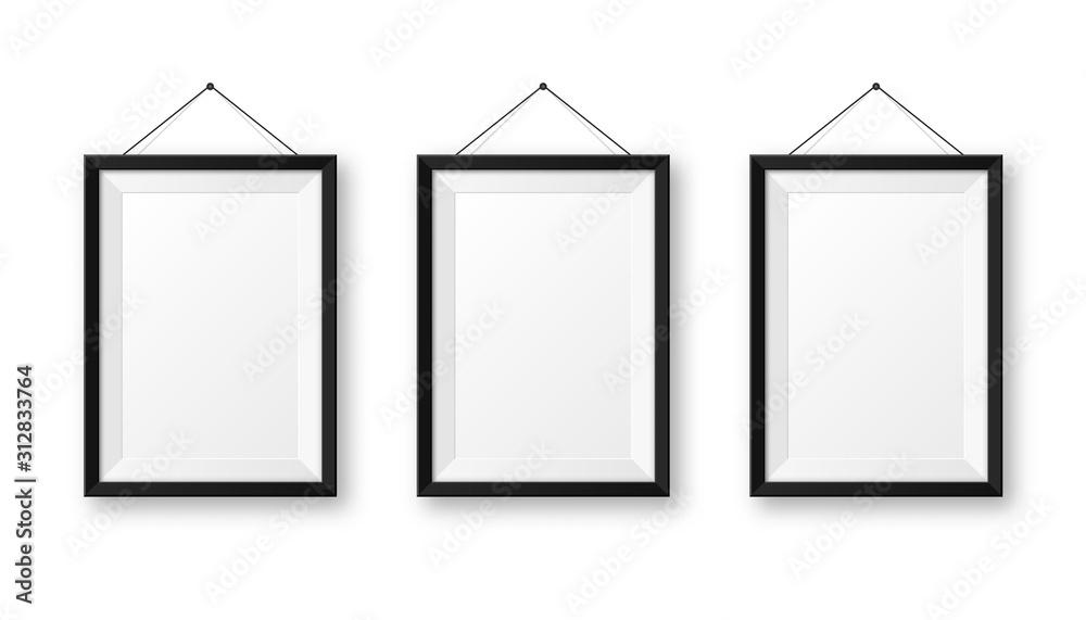 Realistic hanging on a wall blank black picture frame with shadow ...