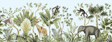 Tropical vintage botanical landscape, palm tree, banana tree, plant, palm leaves, giraffe, monkey, elephant floral seamless border blue background. Jungle animal wallpaper.