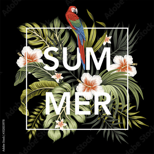 Tropical summer slogan macaw parrot, hibiscus flower, palm leaves, banana leaves vintage floral illustration. Exotic frame print.