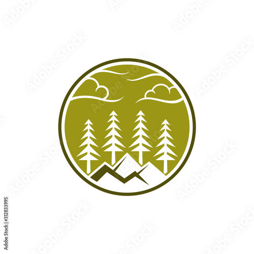 Mountain pine emblem logo design, pine forests logo, hill landscape logo vector, green nature symbol