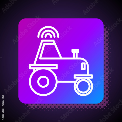 White line Self driving wireless tractor on a smart farm icon isolated on black background. Smart agriculture implement element. Square color button. Vector Illustration
