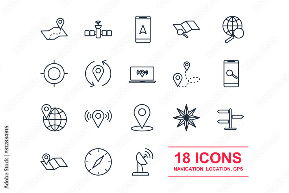 Fototapeta premium Set Route and navigation icon template color editable. Navigation, location, GPS pack symbol vector sign isolated on white background icons vector illustration for graphic and web design.