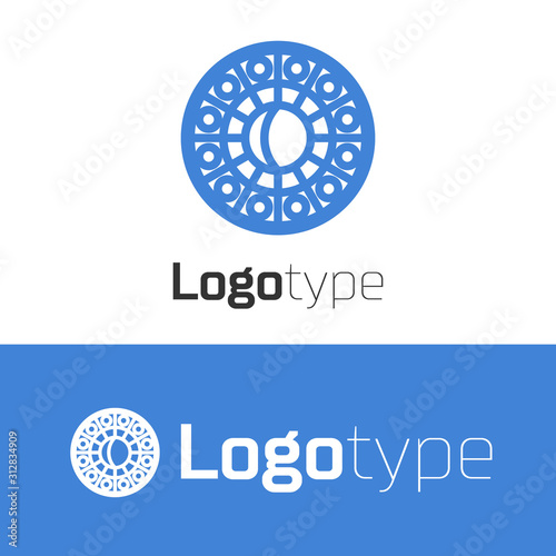 Blue line Astrology horoscope circle with zodiac icon isolated on white background. Logo design template element. Vector Illustration