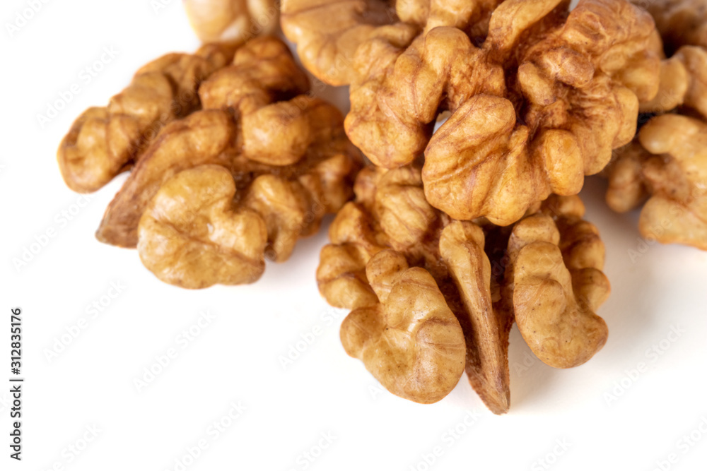 Walnut kernel isolated on white background. Food.