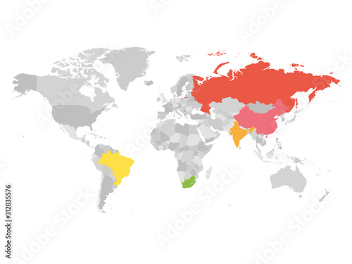 World map with highlighted member countries of BRICS - association of five major emerging national economies - Brazil  Russia  India  China and South Africa