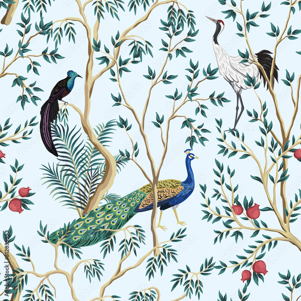 Vintage garden pomegranate fruit tree, exotic bird, peacock floral seamless  pattern blue background. Exotic chinoiserie wallpaper. Stock Vector | Adobe  Stock