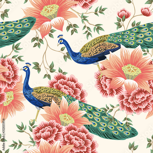 Vintage Chinese flower lotus rose, leaves, peacock bird seamless border pink background. Exotic oriental wallpaper.