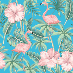 Wandcirkels Botanische print patronen Roze hibiscus flamingo jungle blauw  © good_mood