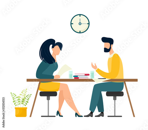 A man and a woman are conducting business negotiations or an interview. Vector isolate in cartoon flat style. White background. Business illustration.