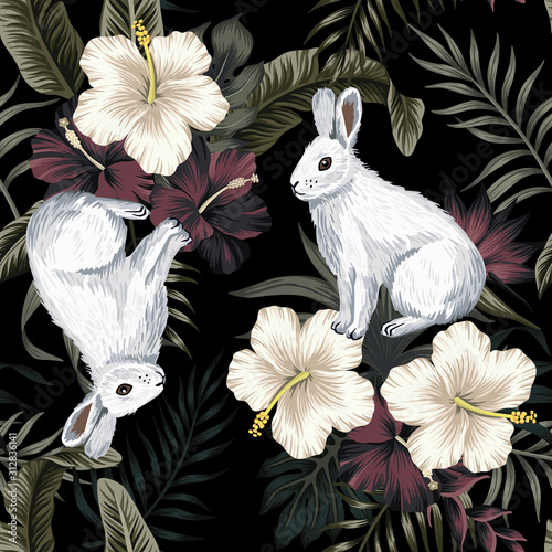 Tropical vintage dark, white hibiscus flower, palm leaves floral, rabbit animal seamless pattern black background Fototapete