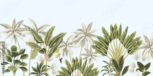  Tropical vintage botanical landscape, palm tree, banana tree, plant floral seamless border blue background. Exotic green jungle wallpaper.