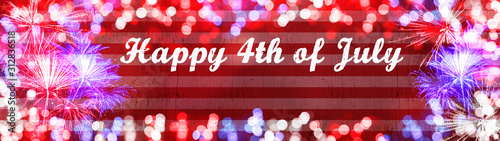 Happy 4th of July background panorama banner long - Firework on red texture with bokeh lights and flag of united states, with space for text photo