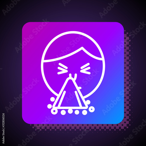 White line Man holding handkerchief or napkin to his runny nose icon isolated on black background. Coryza desease symptoms. Square color button. Vector Illustration