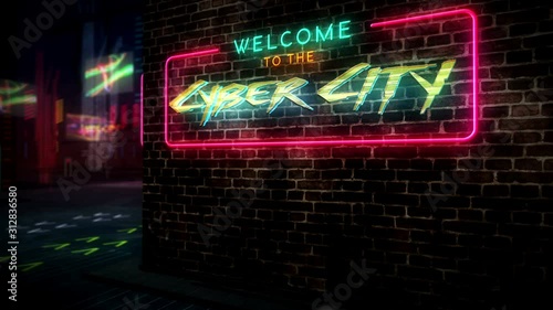 Cyber city hologram and neon. Futuristic cyberpunk style animation. Modern abstract art 3d rendering intro with glitch effect. Sci-fi, Virtual space, science and digital world concept.