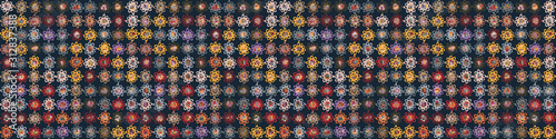 Dark floral mosaic effect vector border texture. Masculine geometric seamless daisy banner pattern. Hand drawn variegated stylized flower background. Textured classic blue brown hipster ribbon trim