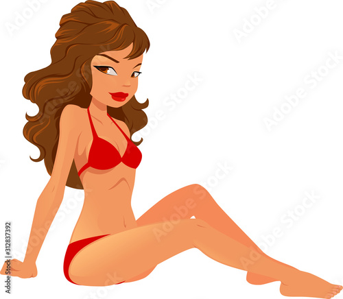 Vector illustration of a young  brunette woman sitting wearing a red bikini