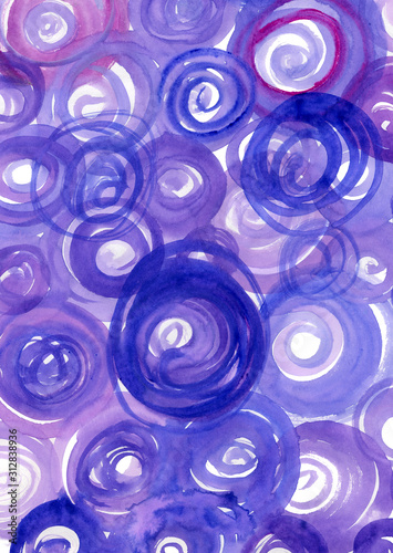 Watercolor background with purple circles. Circular brush strokes. Abstract work.
