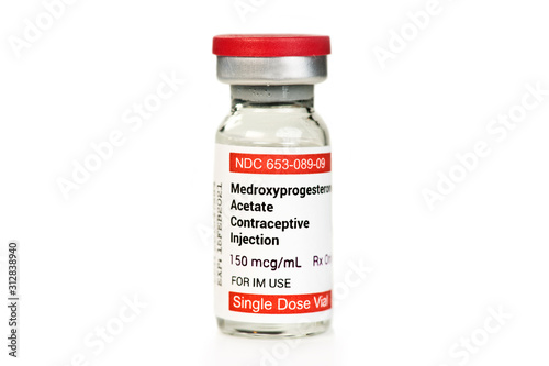 Medroxyprogesterone Acetate Contraceptive Injection vial isolated on white photo