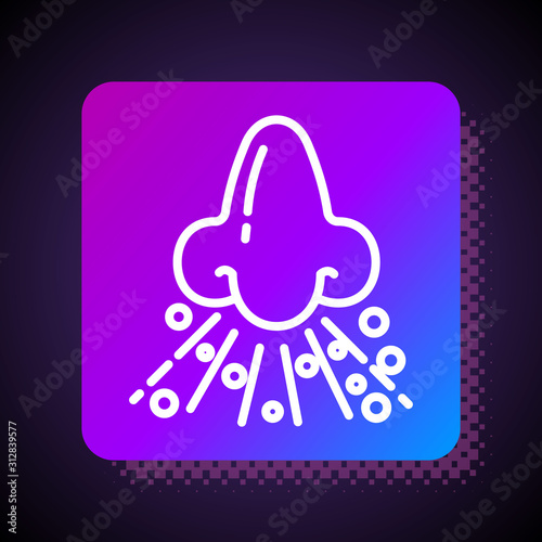 White line Runny nose icon isolated on black background. Rhinitis symptoms, treatment. Nose and sneezing. Nasal diseases. Square color button. Vector Illustration