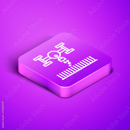 Isometric line Smart farm with drone control for seed planting icon isolated on purple background. Innovation technology for agricultural company. Purple square button. Vector Illustration