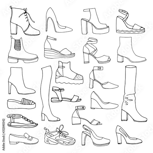 Women shoes collection. Various types of female shoes. Black and white vector illustration.