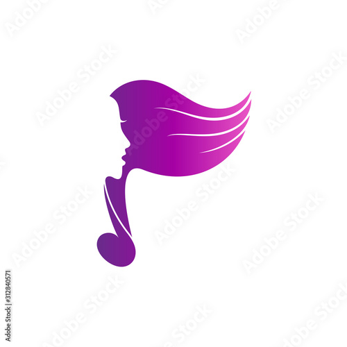 Singer silhouette with music note logo design, female/lady singer flat style logo template, choir vector illustration, modern musical design