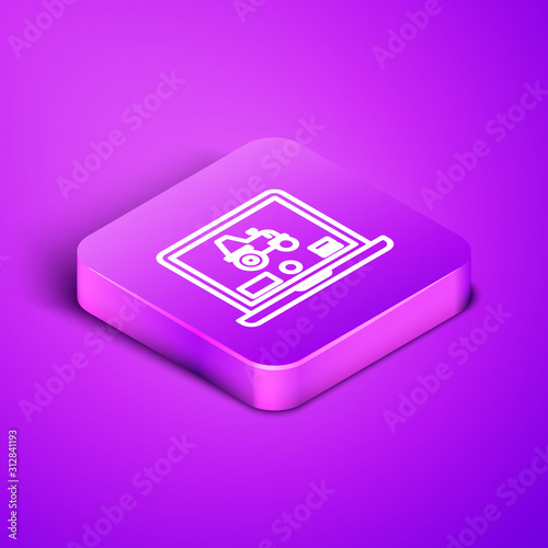 Isometric line Laptop application for control a autonomous tractor on a smart farm icon isolated on purple background. Smart agriculture implement. Purple square button. Vector Illustration