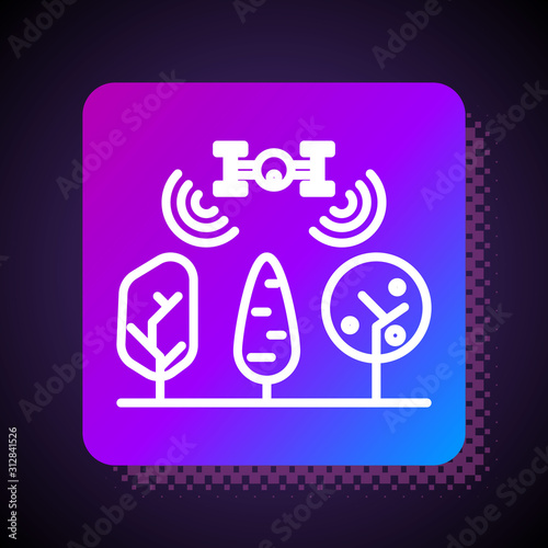 White line Smart farm with drone control and tree icon isolated on black background. Innovation technology for agricultural company. Square color button. Vector Illustration