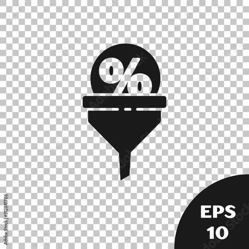 Black Lead management icon isolated on transparent background. Funnel with discount percent. Target client business concept. Vector Illustration