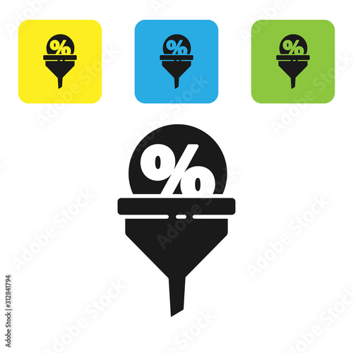 Black Lead management icon isolated on white background. Funnel with discount percent. Target client business concept. Set icons colorful square buttons. Vector Illustration