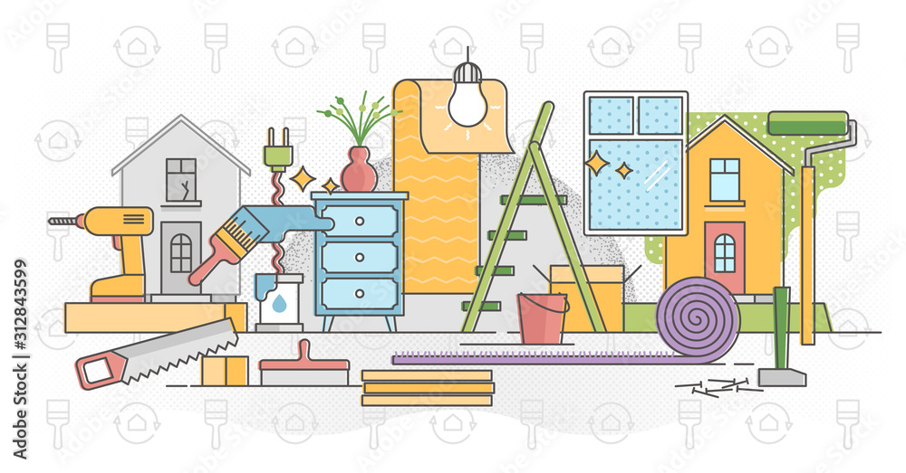 Fototapeta premium Refurbish home process vector illustration in flat colorful outline concept