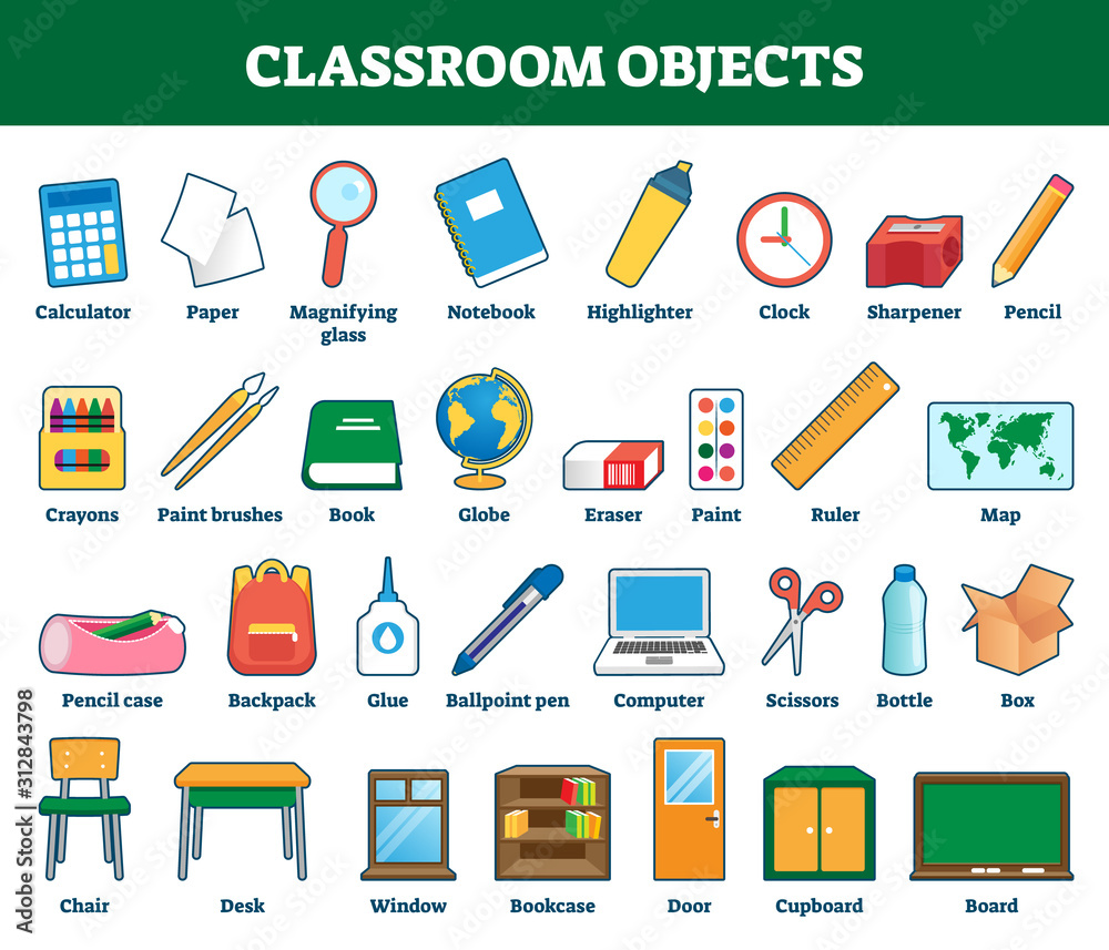 Classroom objects vector illustration. Labeled collection for kids learning - obrazy, fototapety, plakaty 