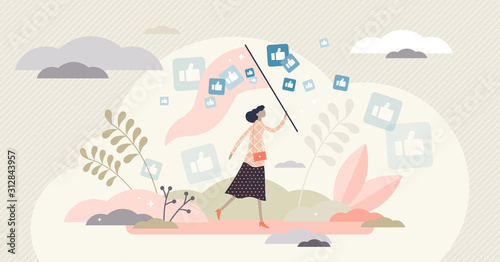 Catching likes vector illustration. Thumbs up in flat tiny persons concept.