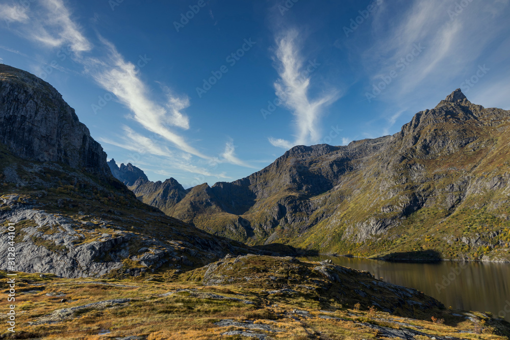 mountains and lake in A i Lofoten, Norway