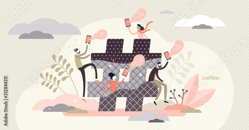 Hashtag vector illustration. Popular digital symbol in tiny persons concept