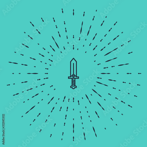 Black line Sword for game icon isolated on green background. Abstract circle random dots. Vector Illustration