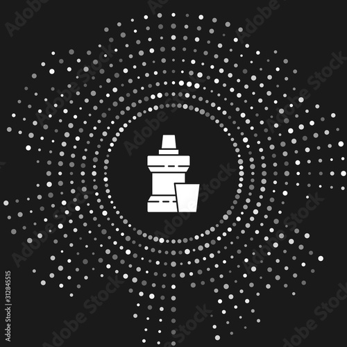 White Mouthwash plastic bottle and glass icon isolated on grey background. Liquid for rinsing mouth. Oralcare equipment. Abstract circle random dots. Vector Illustration