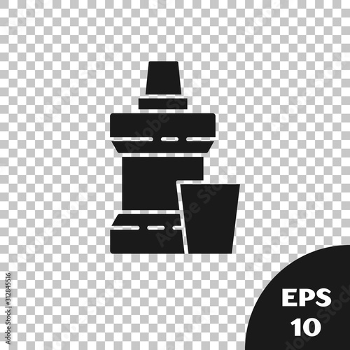 Black Mouthwash plastic bottle and glass icon isolated on transparent background. Liquid for rinsing mouth. Oralcare equipment. Vector Illustration