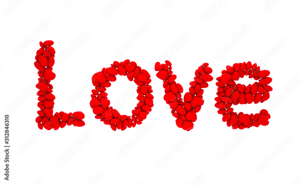 3d render of text Love based on particles as red hearts on white isolated background 3d render of text Love based on particles as red hearts on white isolated background