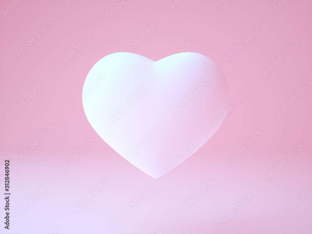 Realistic white soft pink 3d illustration of heart on light pink background the main message all around love 