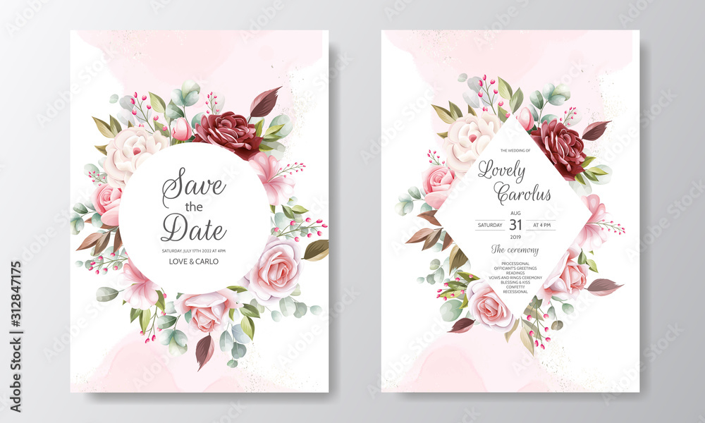 Elegant wedding invitation card template set with floral decoration and gold glitter