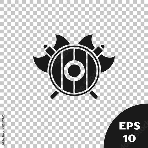 Black Medieval shield with crossed axes icon isolated on transparent background. Battle axe, executioner axe. Vector Illustration
