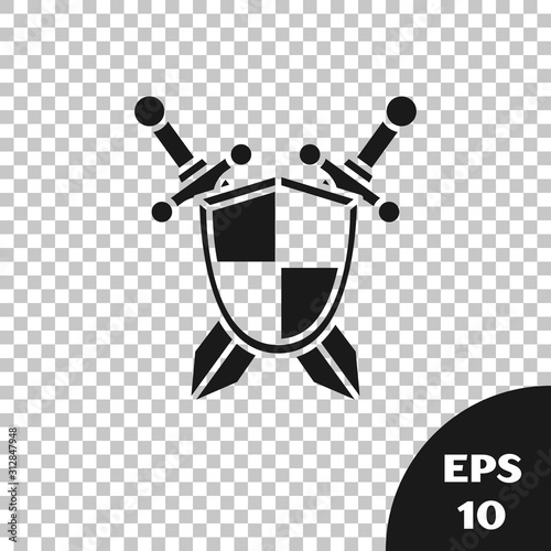 Black Medieval shield with crossed swords icon isolated on transparent background. Vector Illustration