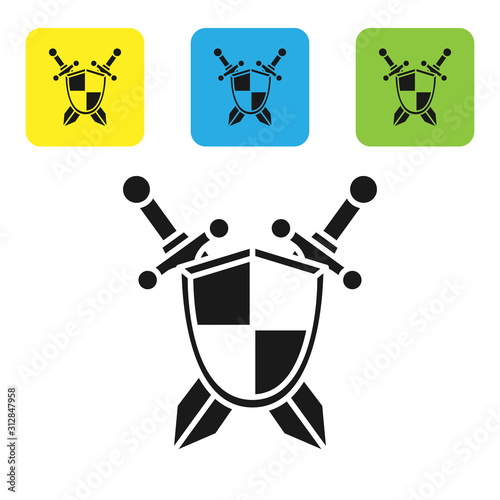 Black Medieval shield with crossed swords icon isolated on white background. Set icons colorful square buttons. Vector Illustration