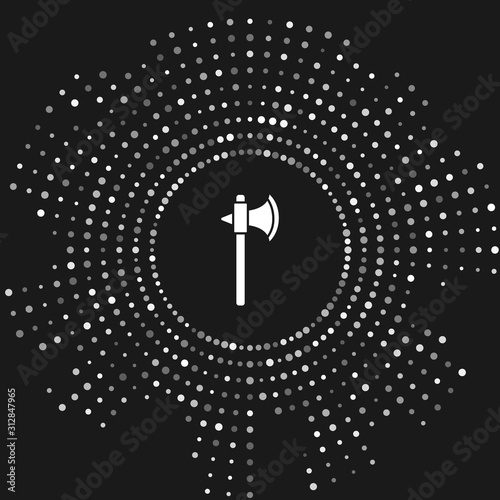 White Medieval axe icon isolated on grey background. Battle axe, executioner axe. Abstract circle random dots. Vector Illustration