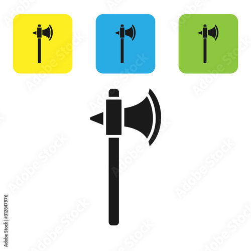 Black Medieval axe icon isolated on white background. Battle axe, executioner axe. Set icons colorful square buttons. Vector Illustration