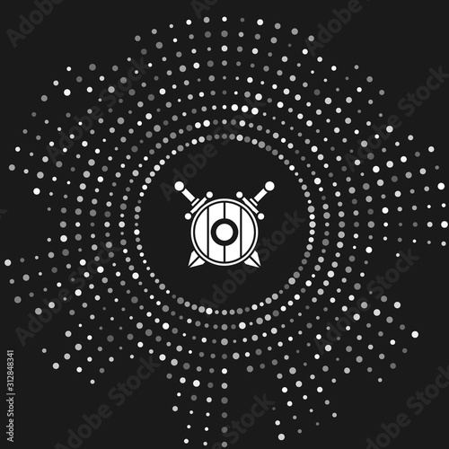 White Medieval wooden shield with crossed swords icon isolated on grey background. Abstract circle random dots. Vector Illustration
