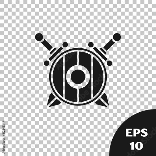 Black Medieval wooden shield with crossed swords icon isolated on transparent background. Vector Illustration