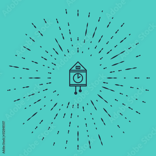 Black line Retro wall watch icon isolated on green background. Cuckoo clock sign. Antique pendulum clock. Abstract circle random dots. Vector Illustration